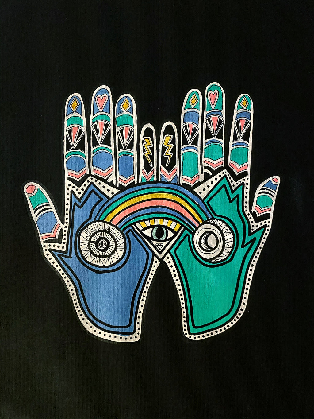 Colorful hand with palm open, featuring symbols like an eye and rainbow on a black background.