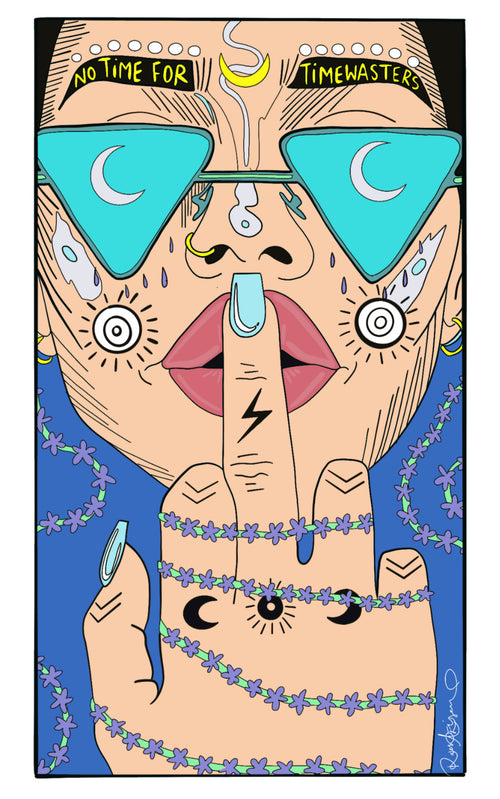 Illustration of a person with sunglasses and tattoos on a blue background