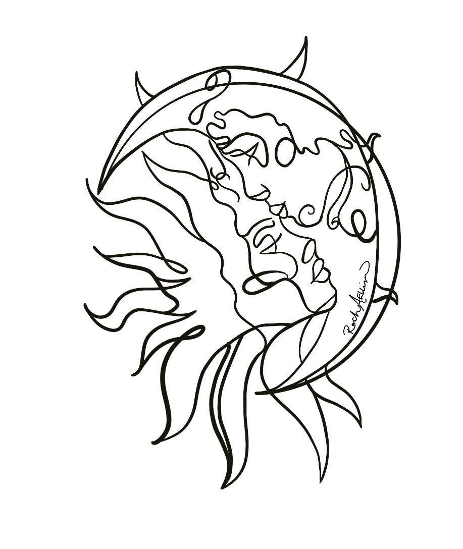 Black line drawing of a face with horns and flowing hair on a white background