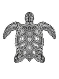 Decorative black and white turtle illustration with intricate patterns on a white background