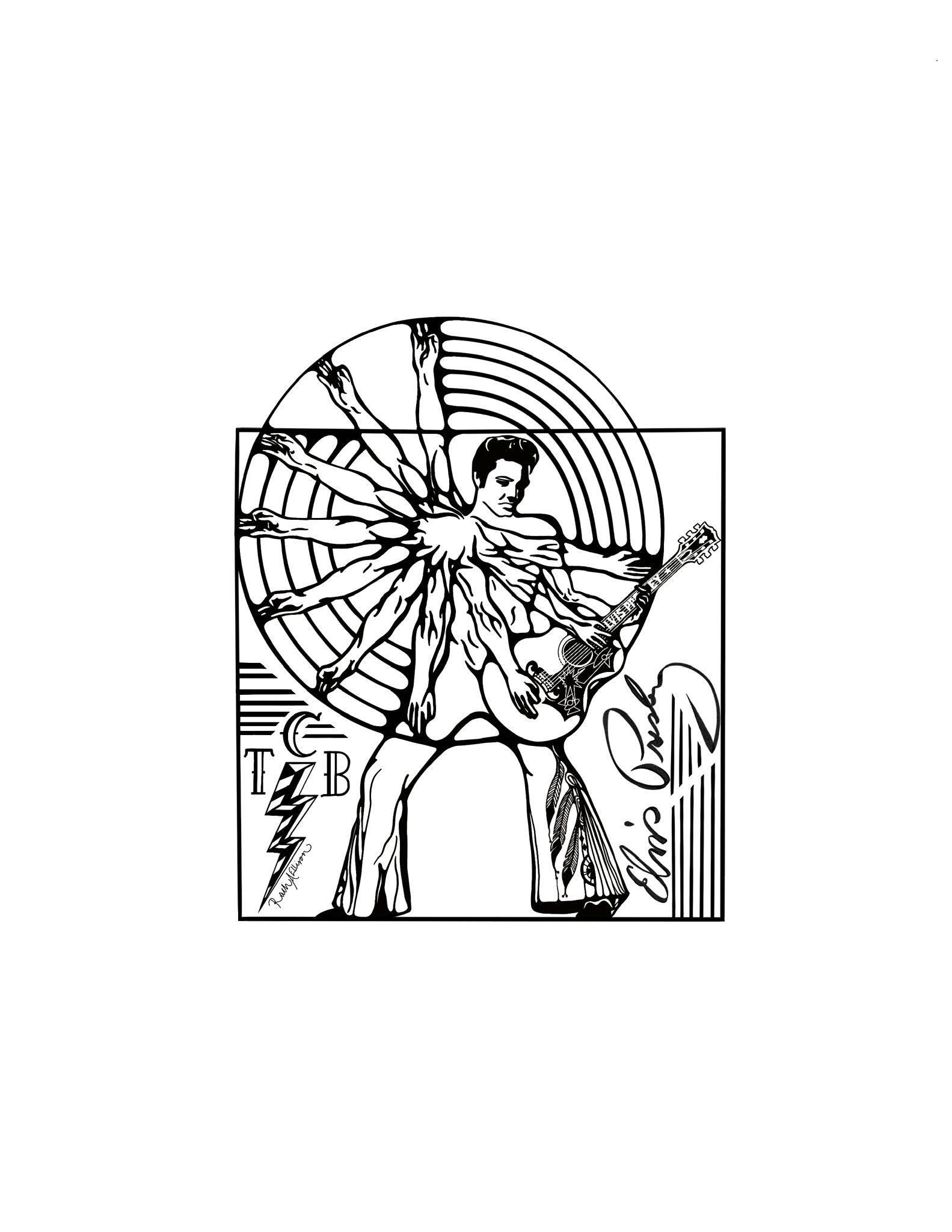 Black and white illustration of a person playing guitar with abstract design elements on a white background