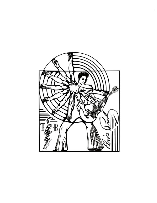 Black and white illustration of a person playing guitar with abstract design elements on a white background