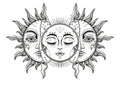 Black and white illustration of a sun and moon face with decorative elements on a white background