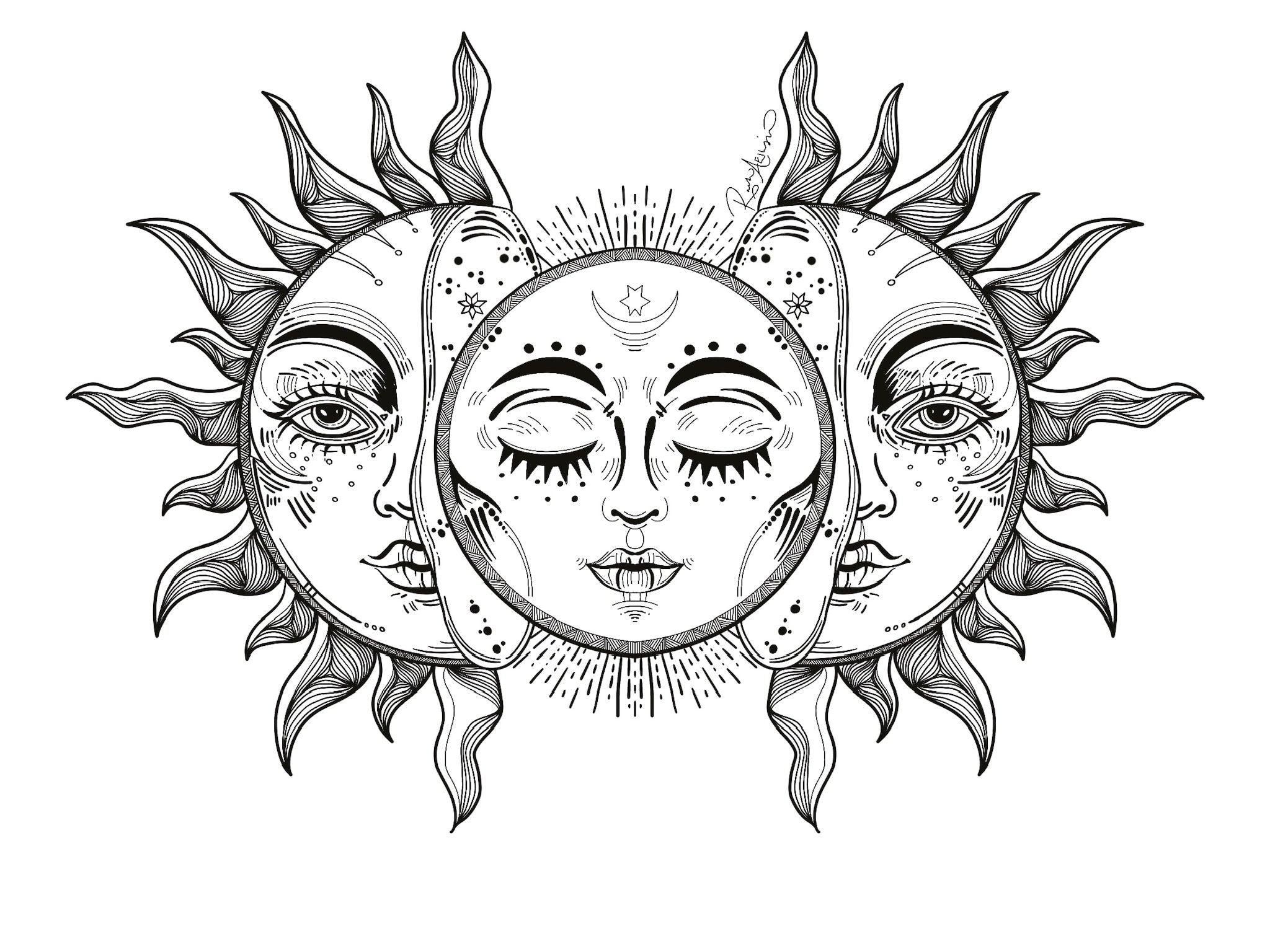 Black and white illustration of a sun and moon face with decorative elements on a white background