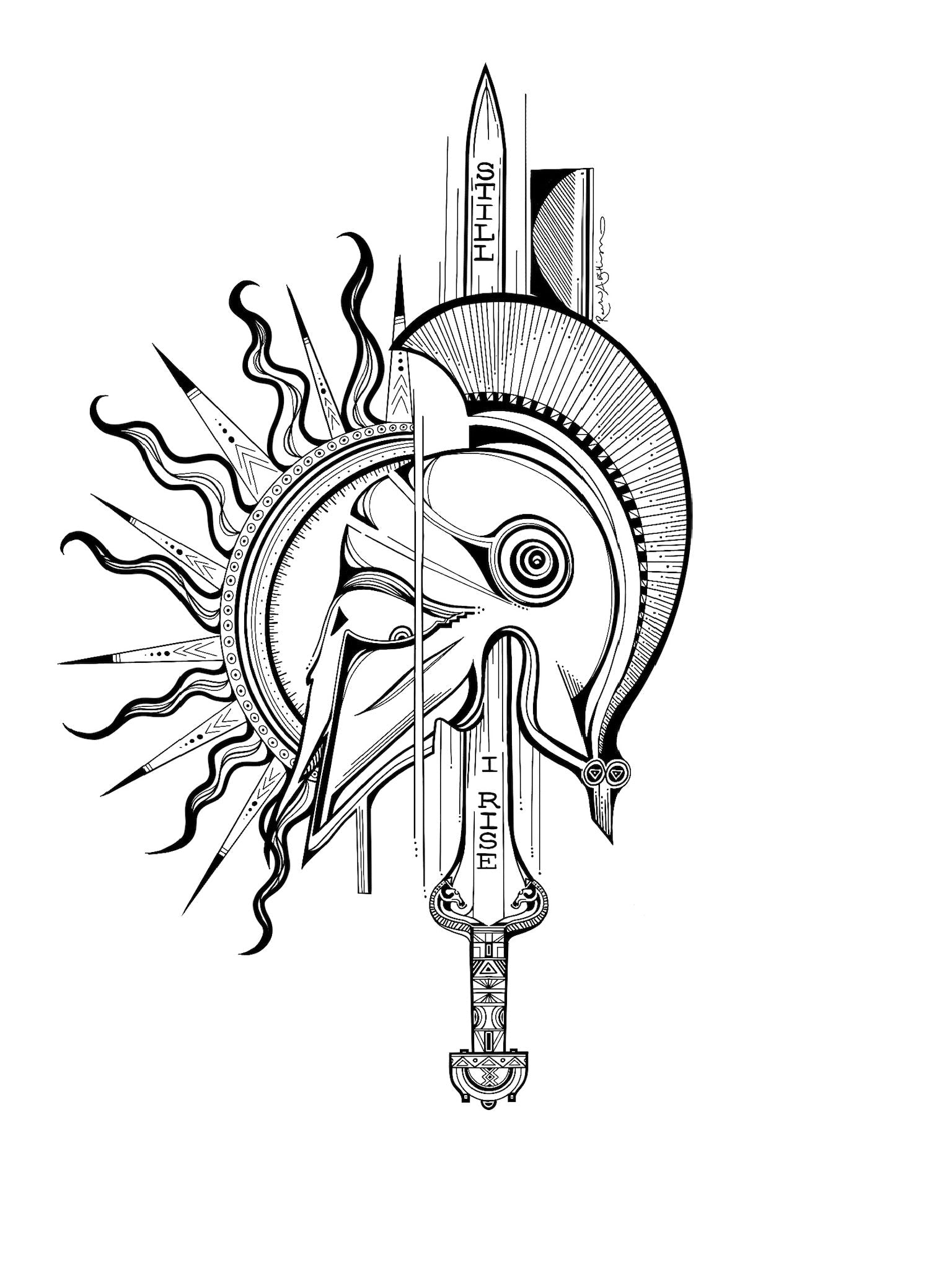 Black and white illustration of a sun with a sword through it on a white background
