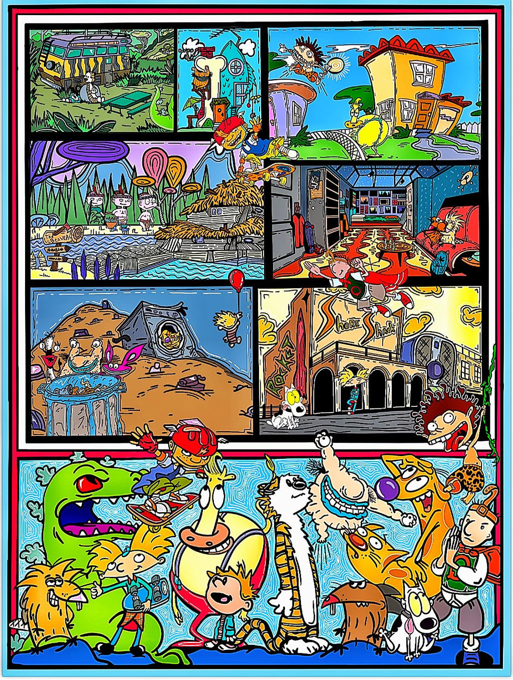 Colorful comic strip with various scenes and characters in a grid layout.
