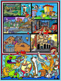Colorful comic strip with various scenes and characters in a grid layout.
