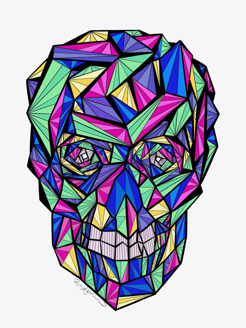 Colorful geometric skull design on a white background