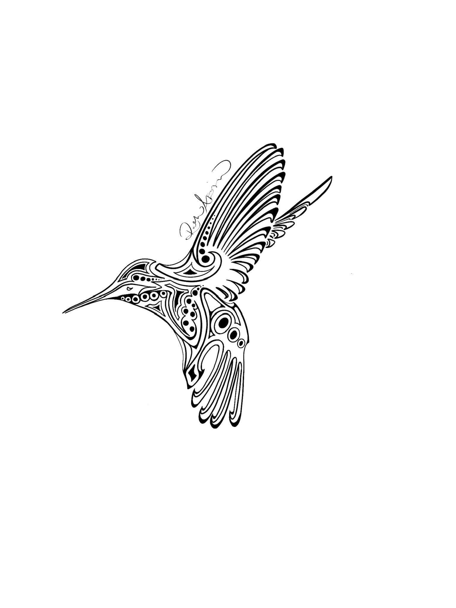Black and white line drawing of a hummingbird on a white background