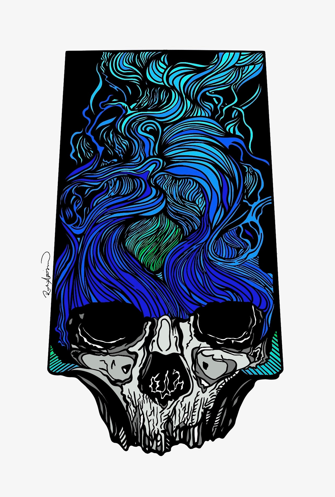 Design of a skull with blue hair on a black background