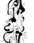 Black and white illustration of women intertwined with flowing hair on a white background