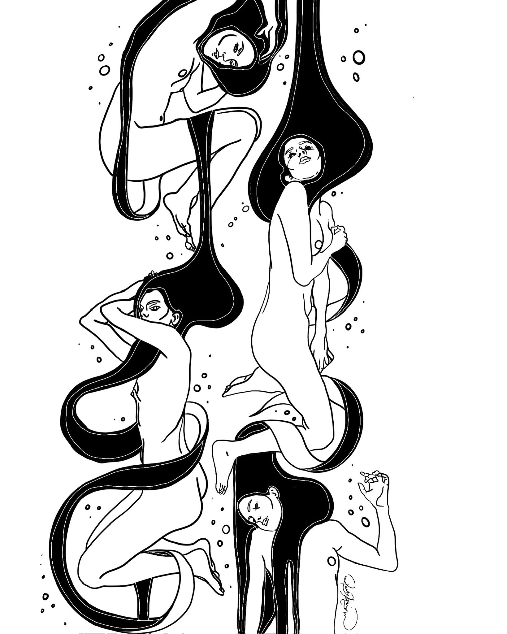 Black and white illustration of women intertwined with flowing hair on a white background