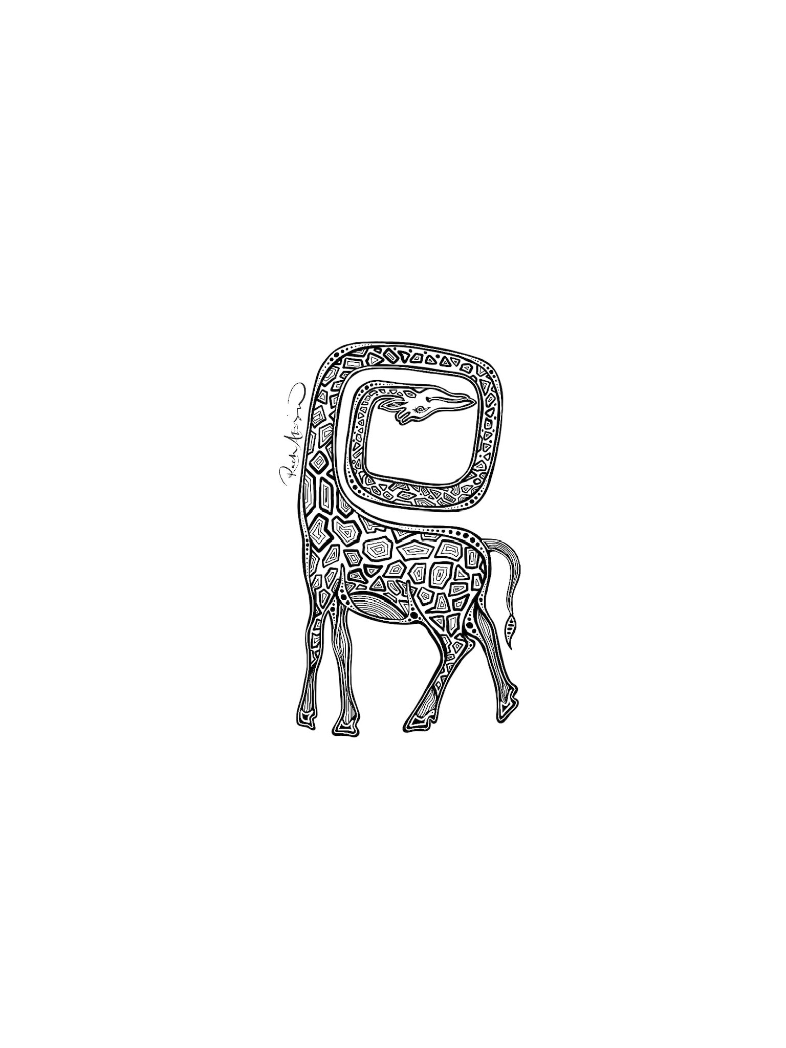 Decorative giraffe illustration with intricate patterns on a white background