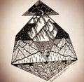 Geometric mountain design with intricate patterns and a signature at the bottom right corner.