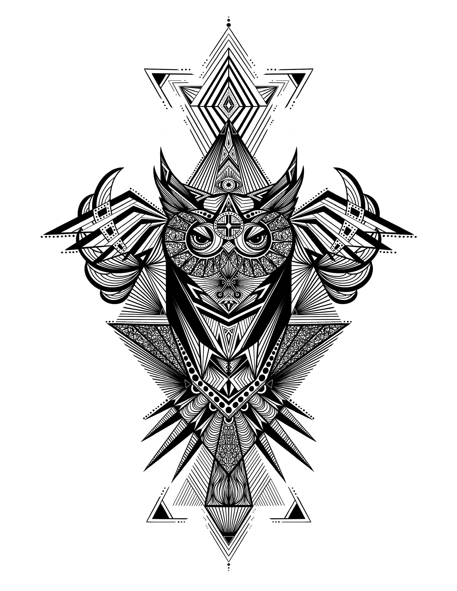 Black and white geometric and tribal design with a central figure on a white background