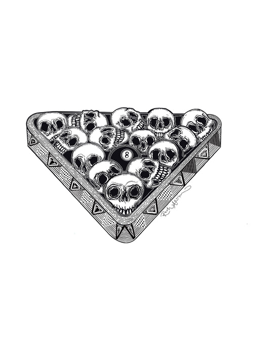 Triangular arrangement of skulls with decorative patterns on a white background