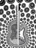Black and white guitar illustration with circular patterns on a white background