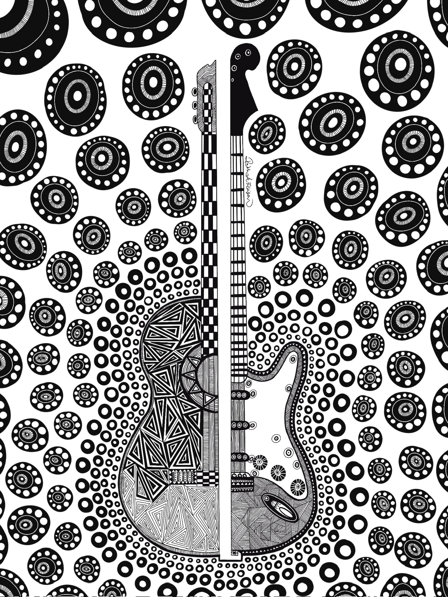 Black and white guitar illustration with circular patterns on a white background