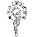 Black and white illustration of a dancing figure with celestial elements on a white background