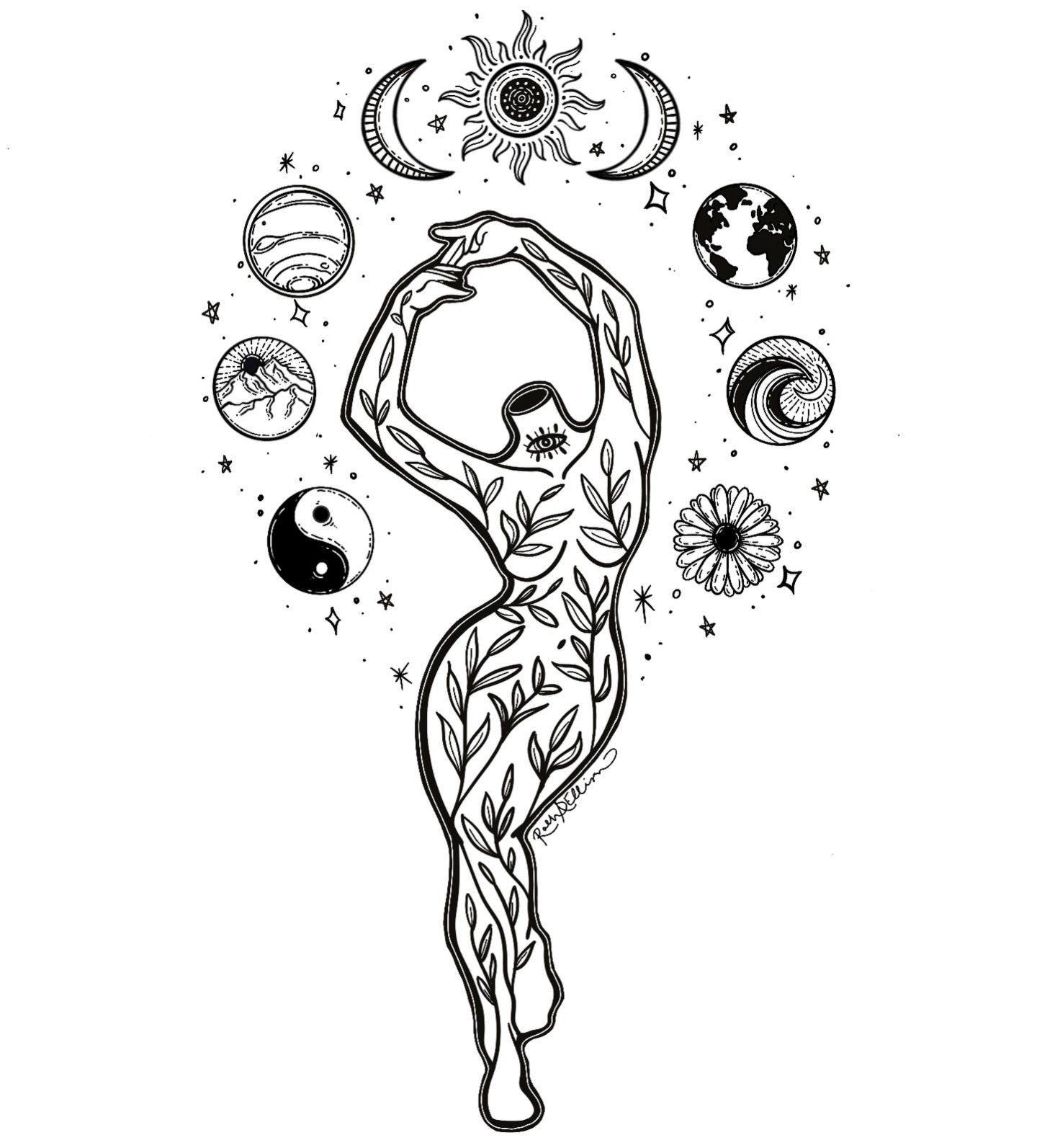 Black and white illustration of a dancing figure with celestial elements on a white background