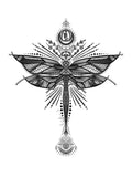 Black and white intricate dragonfly design on a white background