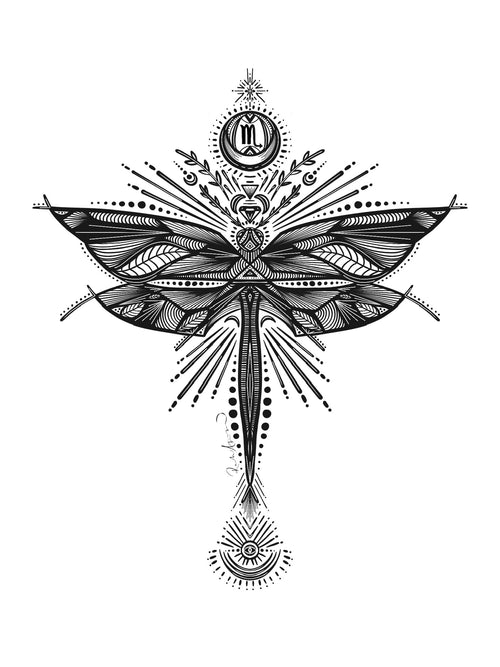 Black and white intricate dragonfly design on a white background