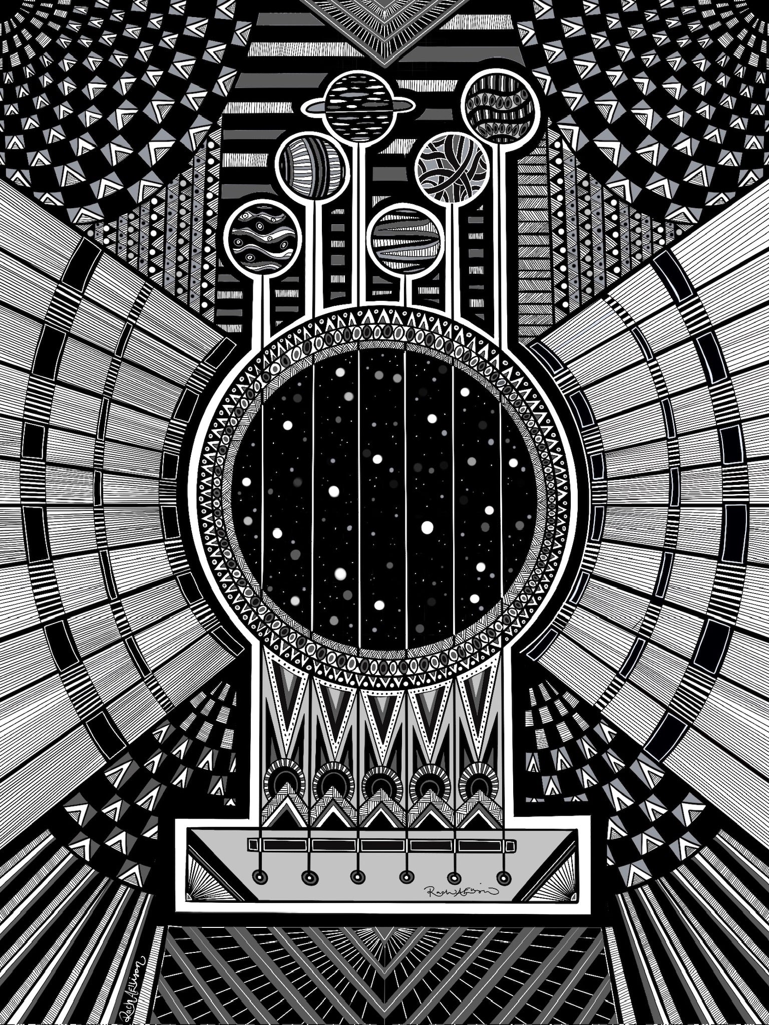 Black and white geometric design with circular patterns and abstract shapes