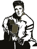 Stylized illustration of a person holding a guitar on a white background