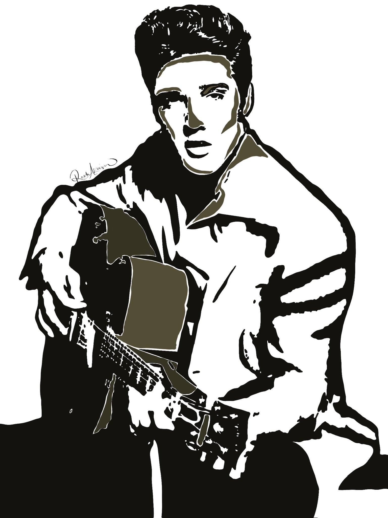 Stylized illustration of a person holding a guitar on a white background
